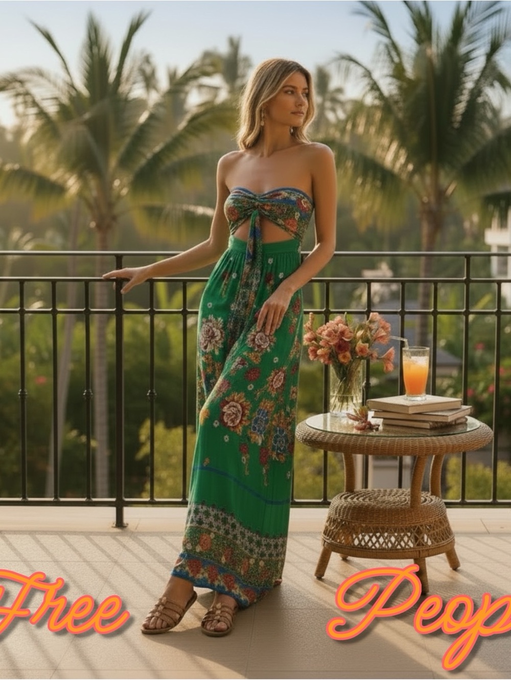 Free People Green Floral Strapless Tie-Front Maxi Jumpsuit
